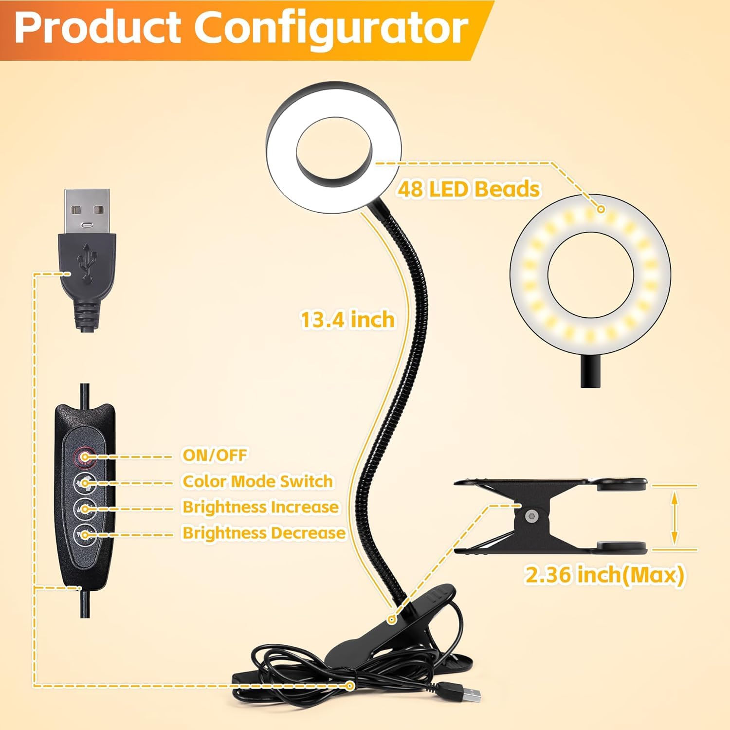 Foneso Lampe de Bureau, Lampe Pince 360° pour Lecture, Éclairage Doux,Livre, Nuit, Voyage, Chambre à Coucher(Noir,Deux ensembles,sans prise)