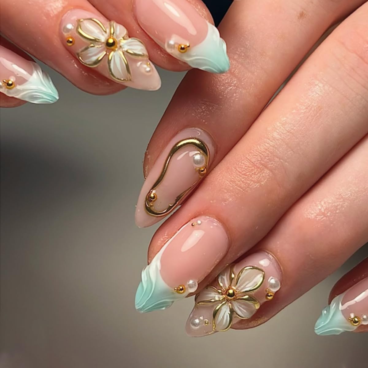 Light Blue Press On Nails Almond Medium, Nude Pink Fake Nails, French Tip Nails Press Ons With 3D Gold Flower Designs, Cute Elegant Glue On Nails For Women Nail Art, Reusable Acrylic 24Pcs