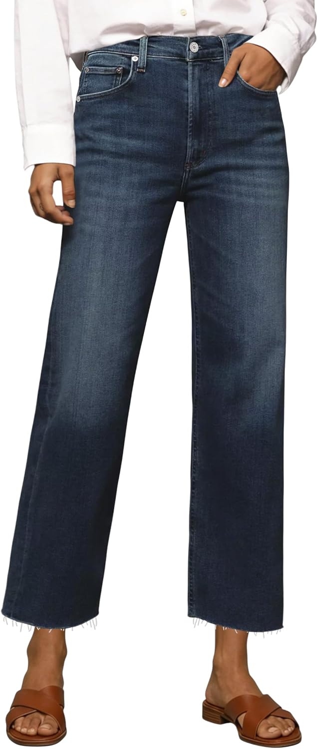 Allimy Womens Tummy Control High Waisted Straight Leg Jeans Stretchy Raw Hem Cropped Denim Pants