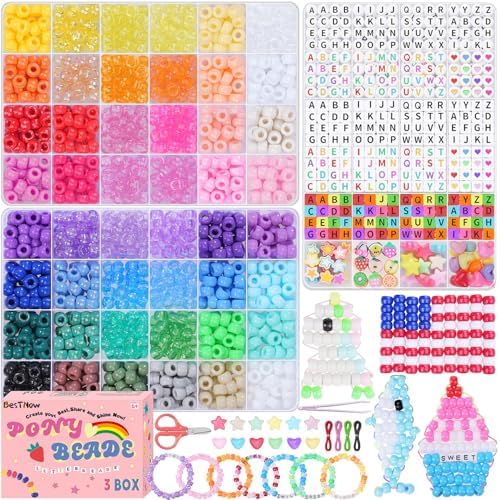 BestNow Pony Beads Bracelet Making Kit 48 Colors Friendship Bracelet Craft Kit with Alphabet Beads DIY Creative Gift for Bracelets Kandi for Girls boy Ages 6 7 8 9 10 11 12