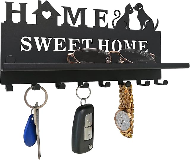 Key Hooks for Wall Decorative,Home Sweet Home Wall Mounted Key Holder Shelf, Cast Iron Key Rack with Cat Dog Modern Decor, Mail Tray Letter Organizer Key Hanger for Door Entryway Hallway Office,Black