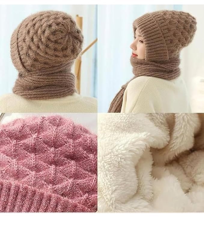 Pamidhar Women’s 2-in-1 Woolen Winter Cap with Integrated Scarf, Knitted Hat with Ear Protection & Fleece Lining (Multicolor) 2