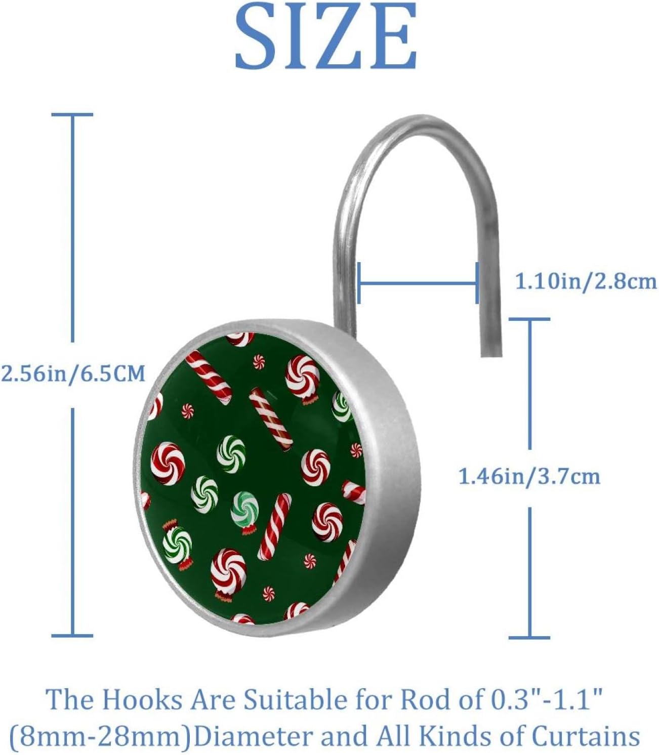 12PCS Christmas Candy 5 Shower Curtain Hooks Rings for Bathroom, Decorative Shower Curtain Hooks Rods Curtains and Liner