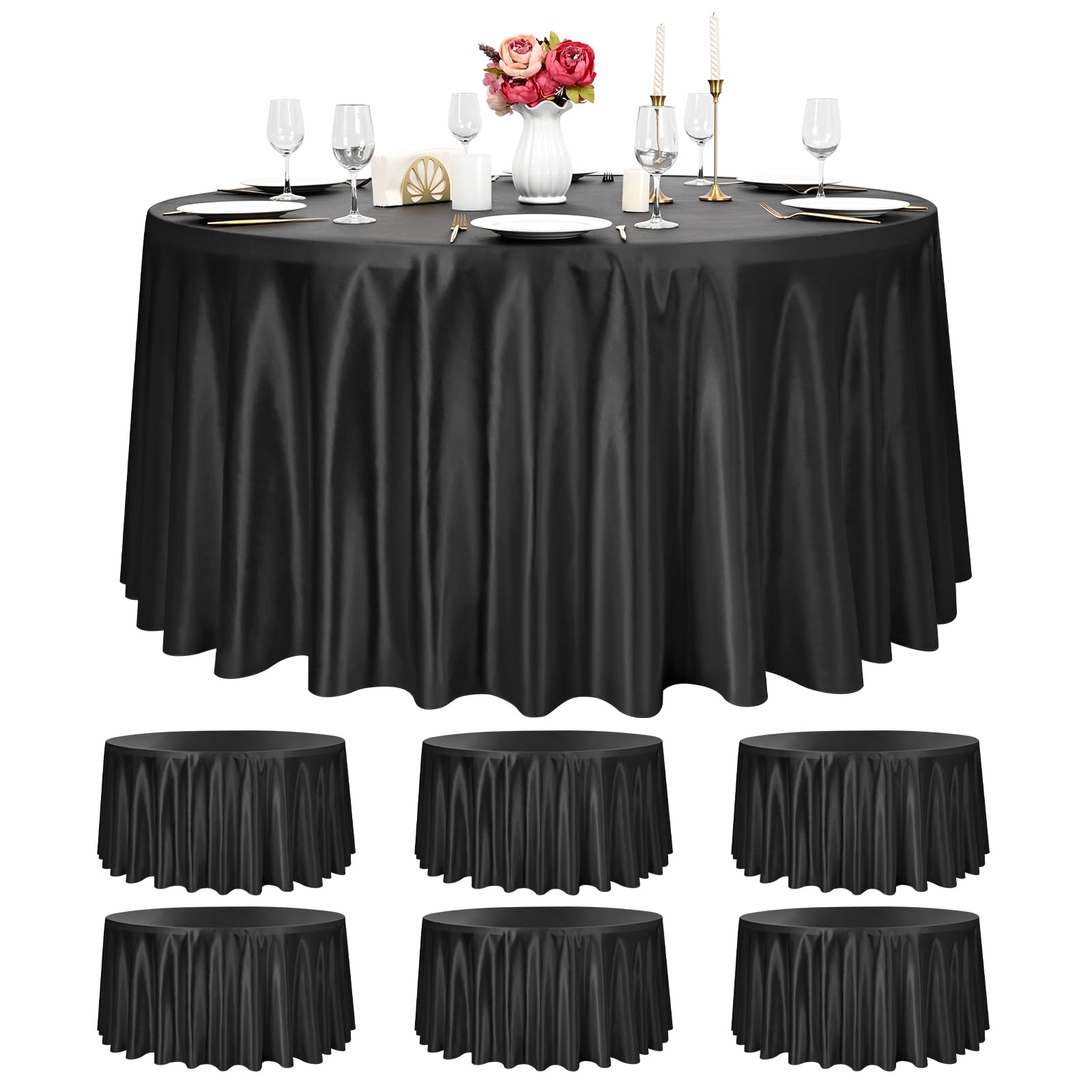 Pesonlook 6 Pack Black Round Tablecloth, 108 Inch Satin Fabric Tablecloth for Round Table, Wrinkle Resistant Washable TableCover Bright Silk
