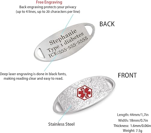 Vista 21 de 4 etiquetas de identificación de pulseras médicas – Etiquetas de identificación de alerta médica de acero inoxidable para pulseras médicas grabadas