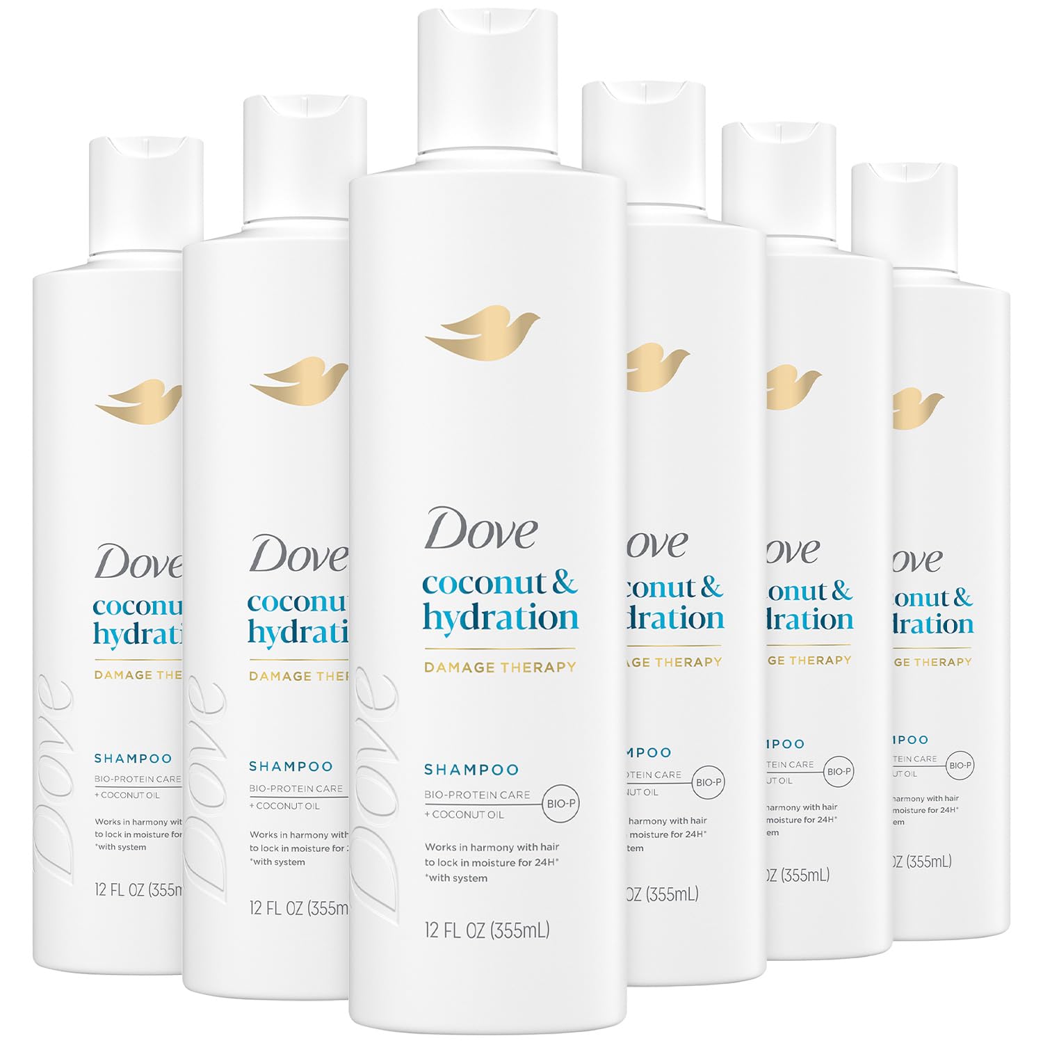 Dove Damage Therapy Shampoo 6-Pack, Coconut & Hydration, 24H Hydration for Revitalizing Dry, Damaged Hair, 12 Oz Ea