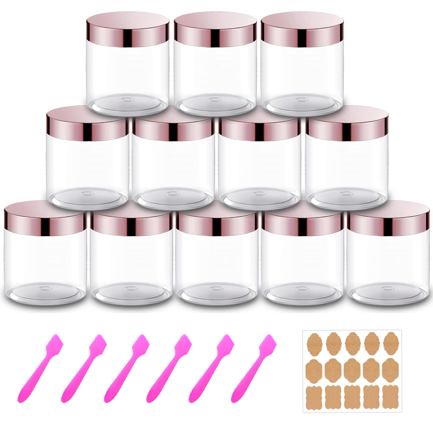 12 Pack 8 oz Plastic Cosmetic Containers With Rose Gold Lids Refillable Clear Empty Travle Jars Containers for Body Butter,Sugar Scrubs,Cream,Lotions,Candy, Label&Spatulas