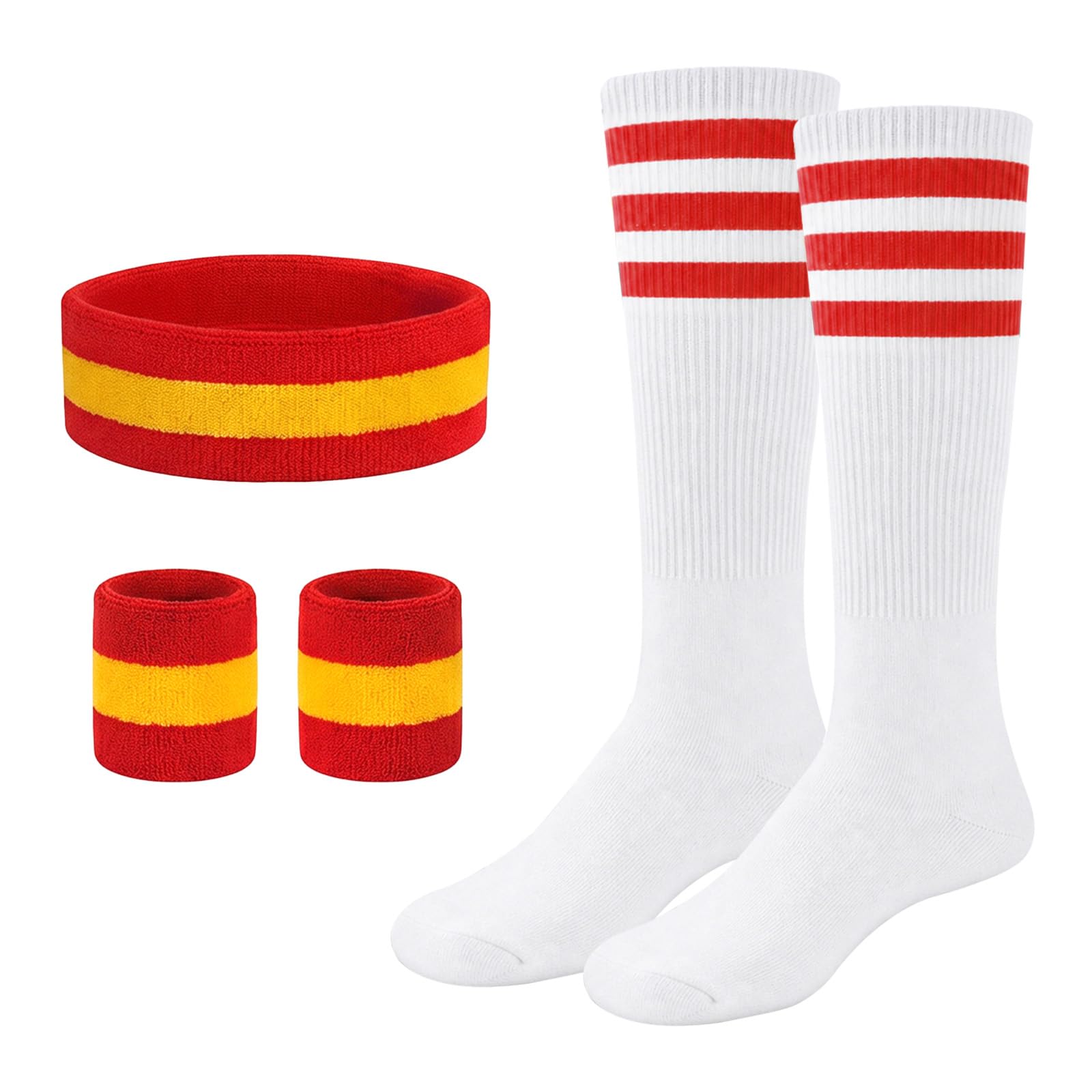 Lufdegim Sweatband and Socks Set, 80s 90s Sweatband Striped Headband, Bracelet, Striped High Socks for Women Men Sports Running Cycling Carnival Costumes Party, Red/Yellow/Red, Socken 28cm, Stirnband
