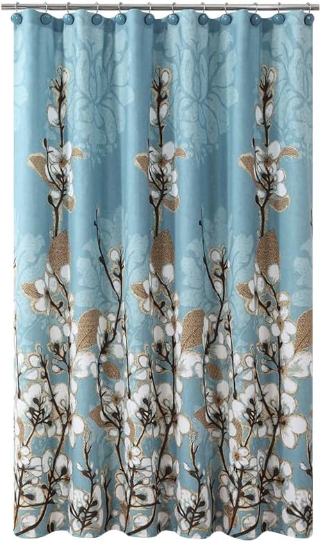 Miniatura 8 de Hanakotoba - Cortina de ducha de poliéster impermeable con estampado de plantas blancas y azul marino para baño, 72 pulgadas de ancho x 72 pulgadas