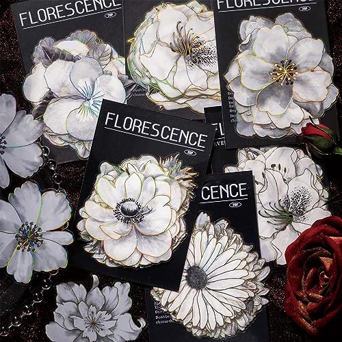 Kireida® 80 Stück Blumen Aufkleber, Weiße Blume, mit Goldenen Holografischen Konturen,Perfekt für Scrapbooking, Bullet Journals, Planer, Laptops, Wasserflaschen(Groß)
