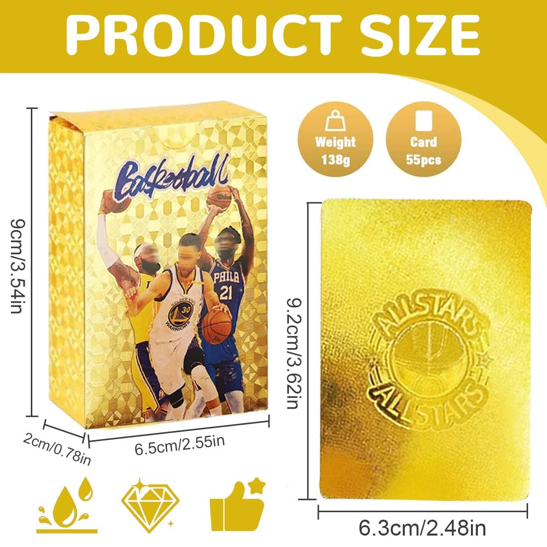 Golden Basketball Trading Cards, Pack of 55 Basketball Star Cards, Basketball Trading Cards, Favourite for Children, Teenagers and Adult Fans