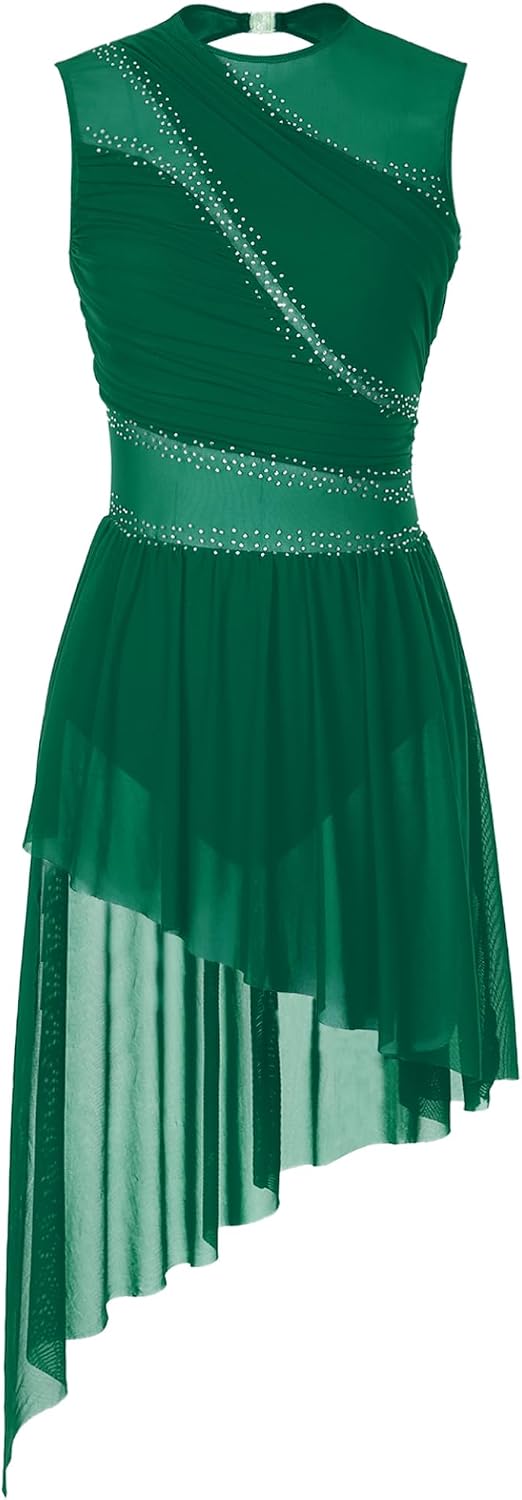 Women Rhinestone Lyrical Dance Dress Irregular Flowy Tulle Skirt Leotard Figure Ice Skating Dancewear