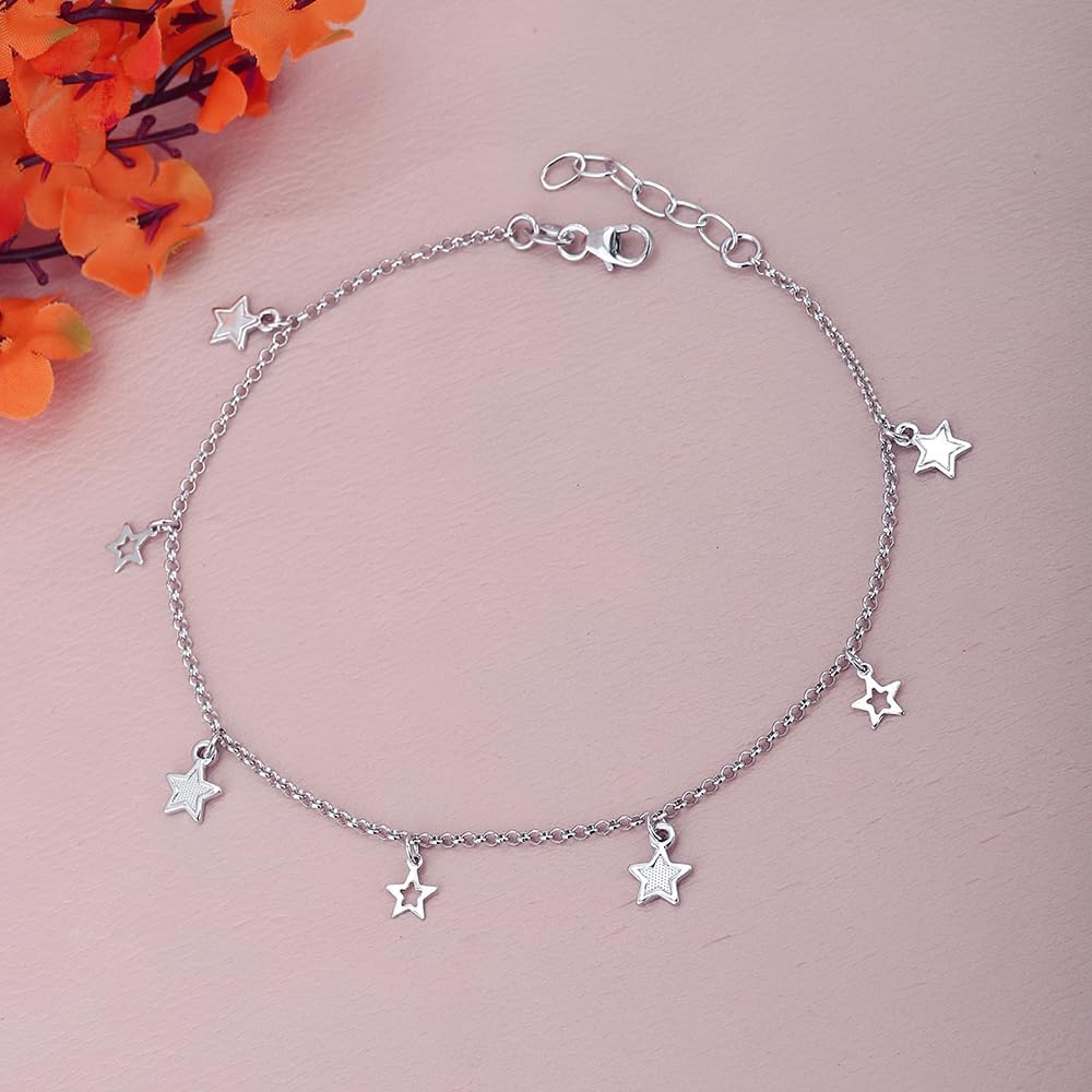 Vanbelle Sterling Silver Jewelry - Rhodium Plated 925 Stamp - Dangling Open & Close Stars Anklet - Stylish Beautifully Designed for Women - 9" long + 1" extender - Image 7