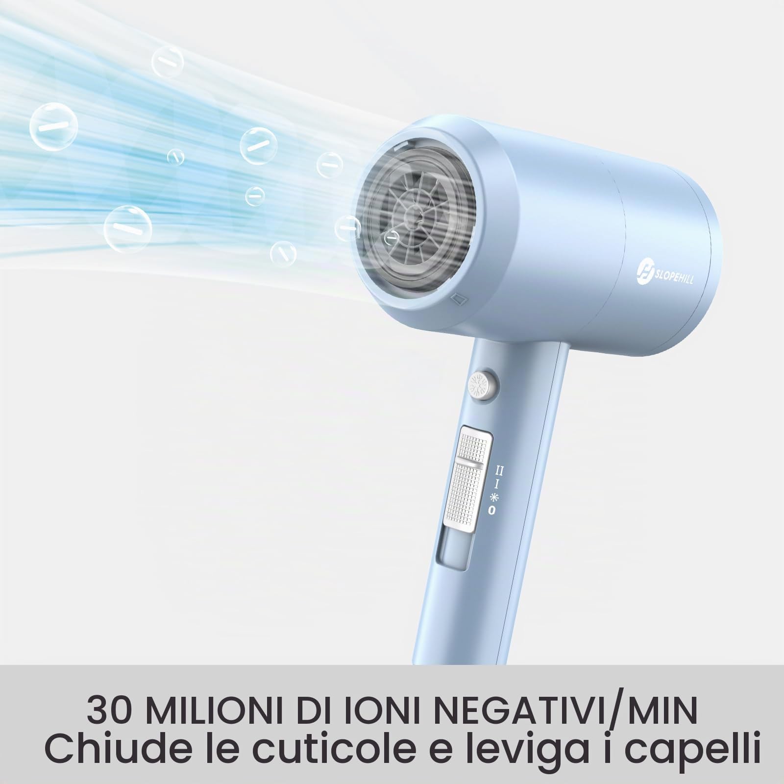Asciugacapelli agli ioni di litio, motore AC 1800 W, slopehill, asciugatura rapida, asciugacapelli con tasto caldo/freddo, 3 asciugacapelli e diffusori, 3 impostazioni di temperatura, 2 marce (blu