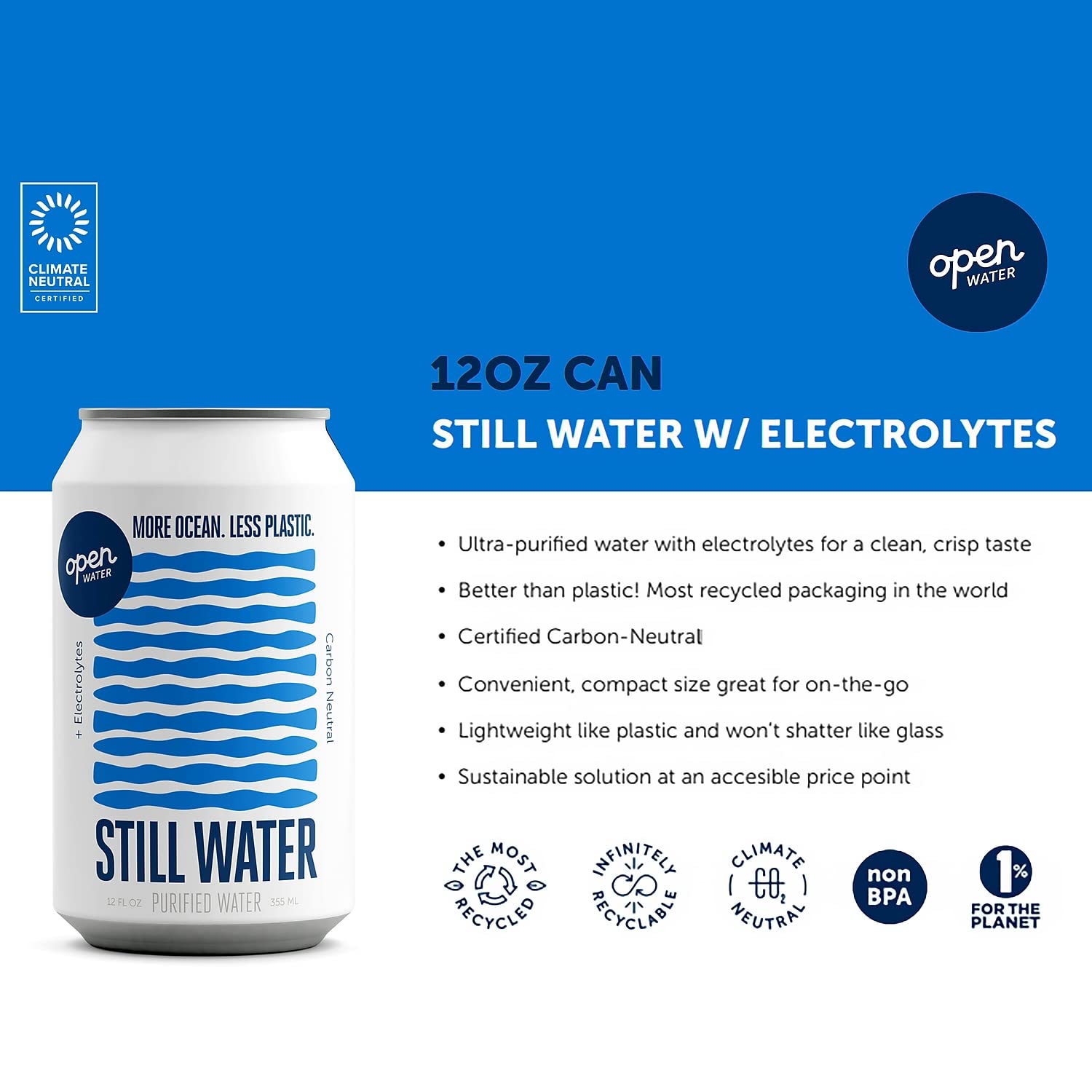 Open Water Open Water Still Canned Water with Electrolytes, 12oz, Case of 12 (343-00002)
