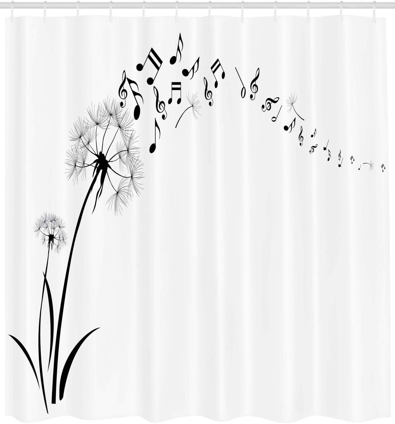 Ambesonne Music Simple Shower Curtain and Hooks, Flying Dandelions with Notes Music Summer Spring Meadow Silhouette Art, Cloth Fabric Accessories Set for Bathroom, 69" W x 75" L, Black and White
