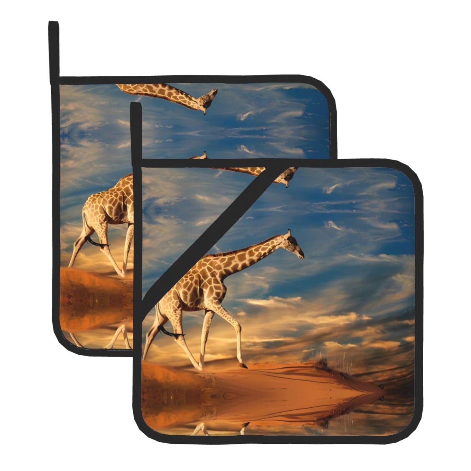 WHJSHOP Giraffe Animals Of Africa Prints Square Pot Holders - Waterproof Heat Resistant Kitchen Throw Pads for Hot Bowls & Dishes, Durable Oven Mitt Layers with Hanging Loop - Set of 2