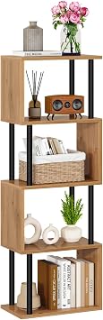 IBUYKE 5-Tier Tall Bookshelf,S-Shaped Geometric Bookcase, Wood Display Shelves with Storage,Modern Bookshelf for Living Room Bedroom, Home Office,Oak WBC015K