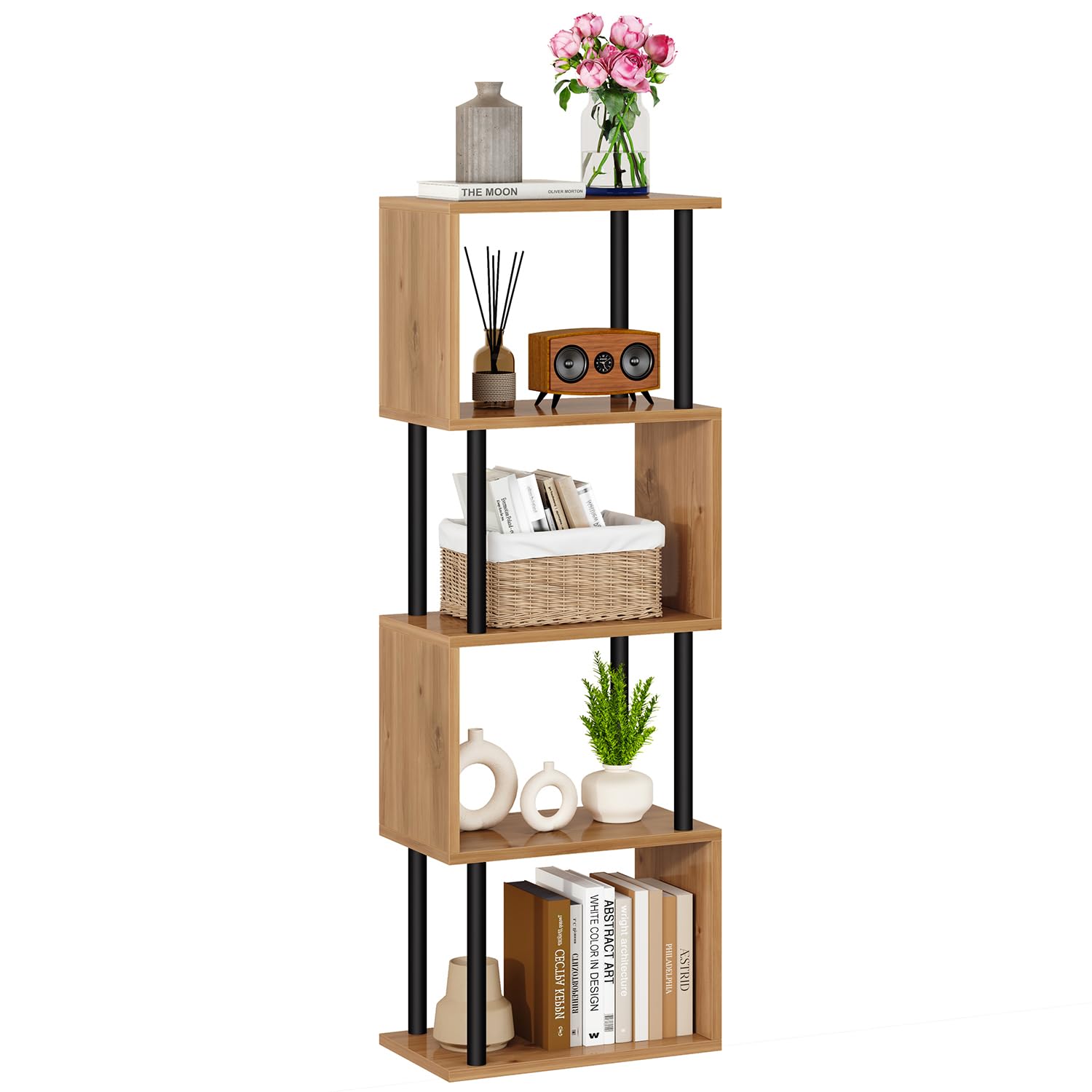 IBUYKE Bibliothèque en Forme de S, Étagère à Livres à 5 Niveaux,Meuble de Rangement,bibliothèque Moderne pour Salon, Chambre à Coucher, Bureau à Domicile,Chêne WBC015K