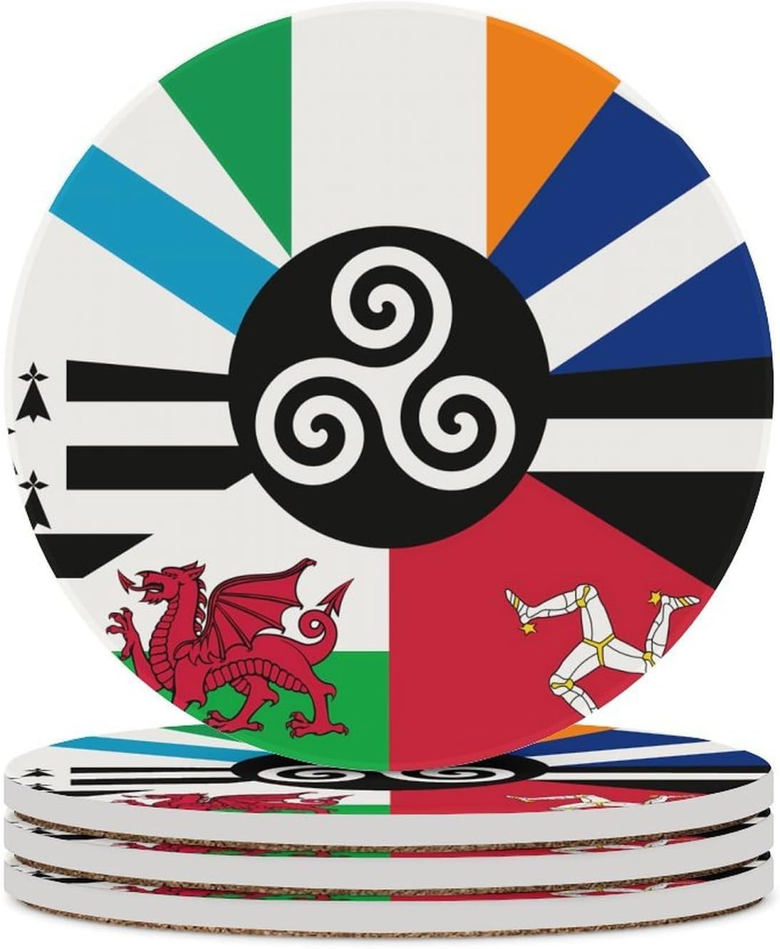 Combined Flag of The Celtic Nations Round Ceramic Coasters for Drinks Absorbent Cup Holder Tabletop Protector with Cork Base