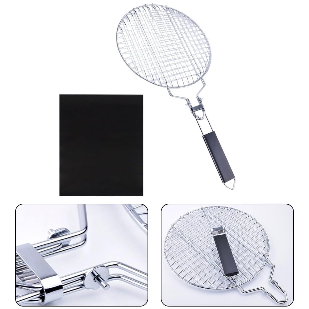 EasyByMall Grillkorb aus Edelstahl mit Holzgriff für Pfannenwender, 55 x 28 cm, Grillnetz zum einfachen Wenden von Fleisch und Gemüse, Silber