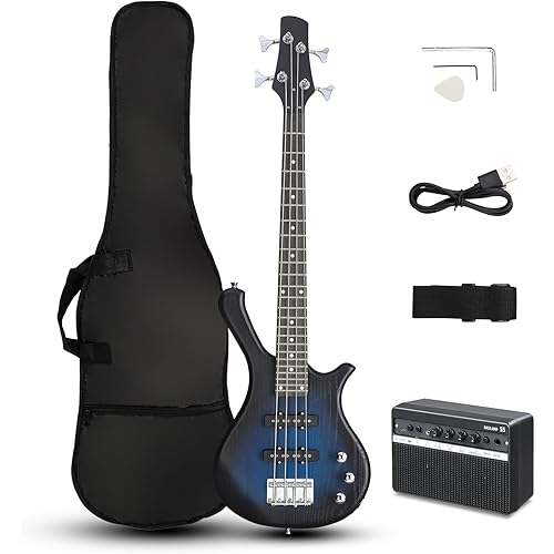 Ktaxon 36 Inch Bass Guitar 4 String Electric Bass Guitar with Dual Connectivity & Portable Power 15W Amp, Excellent Tone, Exquisite Craftsmanship and Ergonomic Body Design for Beginner(Blue)