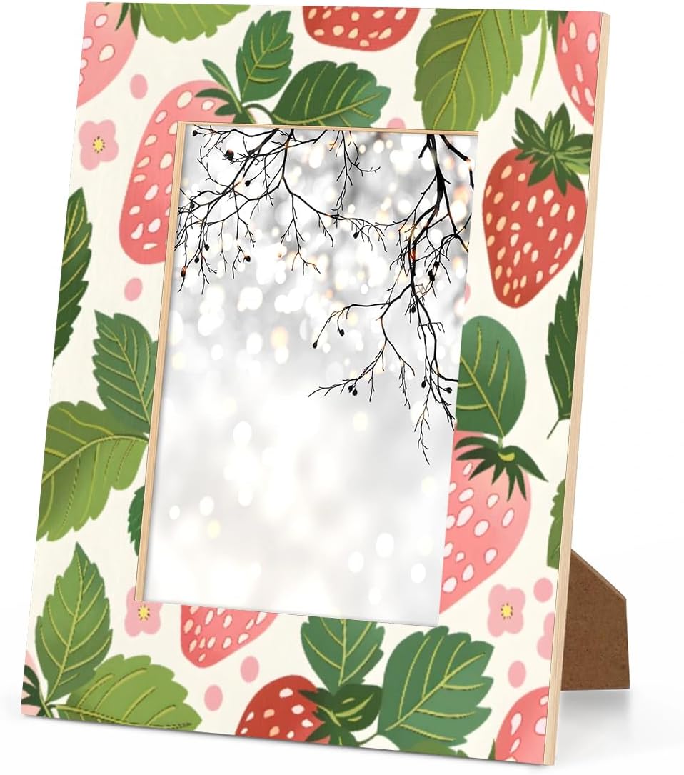 Fruit Strawberry Pattern 4x6 Picture Frame, 4x6 Photo Frame Wood Wall Mounting and Tabletop Display Frame for Home Decor