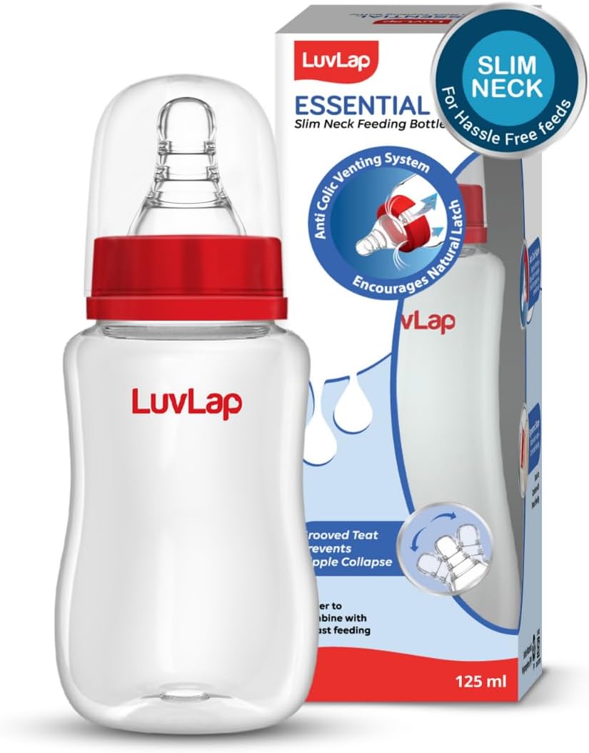 LuvLap Anti-Colic Slim/Regular Neck Essential Baby Plastic Feeding Bottle, 125Ml, New Born/Infants/Toddler upupto 3 Years, BPA Free, White Colour