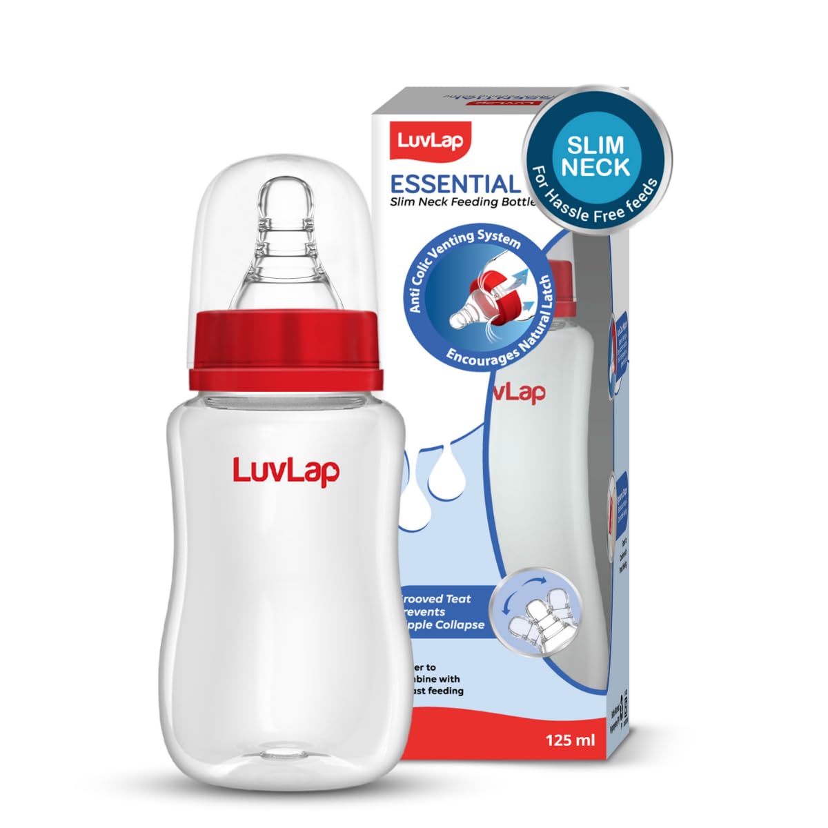 LuvLap Anti-Colic Slim/Regular Neck Essential Baby Plastic Feeding Bottle, 125Ml, New Born/Infants/Toddler upupto 3 Years, BPA Free, White Colour