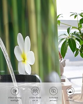 Zen Stones Water Flowing Sheer Curtains for Bedroom/Living Room, Grommet Kitchen Curtains 54 Inches Long, Floral Green Forest Semi-Sheer Curtain Drapes Voile Window Treatments
