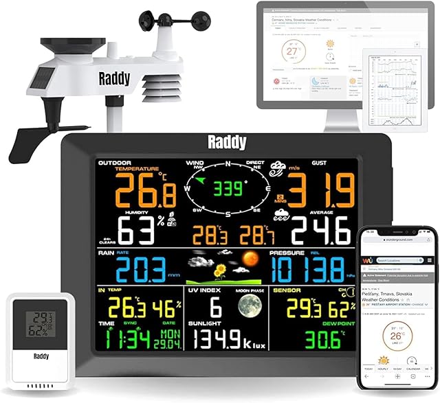 Radioddity Raddy WF-100C Wetterstation mit Außensensor Funk, 14-IN-1 digitales Wlan Innen-Außenthermometer mit Regenmesser, Luftfeuchtigkeit, Windmesser für Zuhause, Büro & Schlafzimmer in Geschenkbox — Wetterstationen