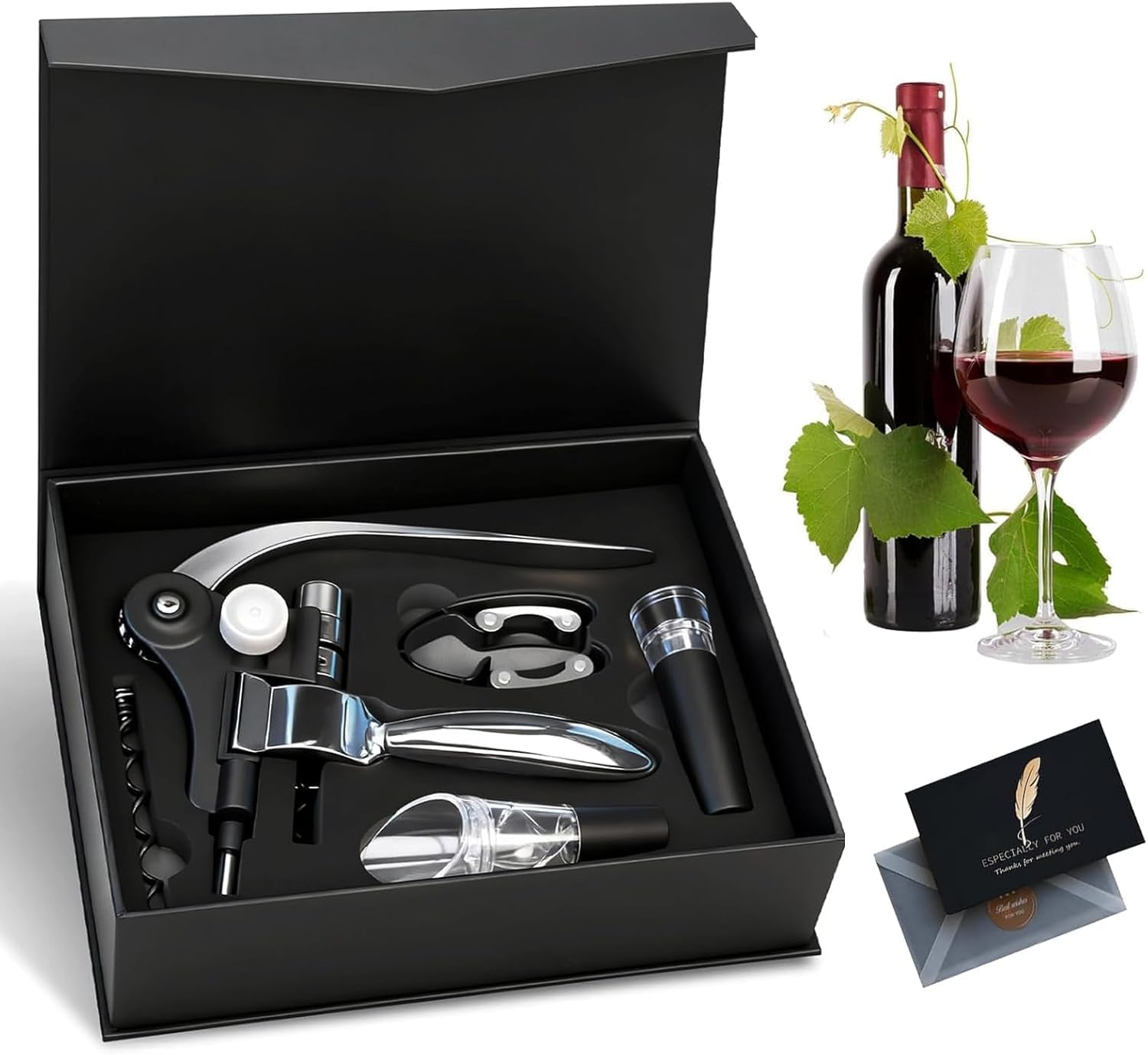 Cavatappi,Set Apribottiglie,Set 5 Accessori per Vino da Sommelier,Apribottiglie Manuale,Scatola di Accessori per Il Vino Set Regalo,Set di cavatappi per gli amanti del vino