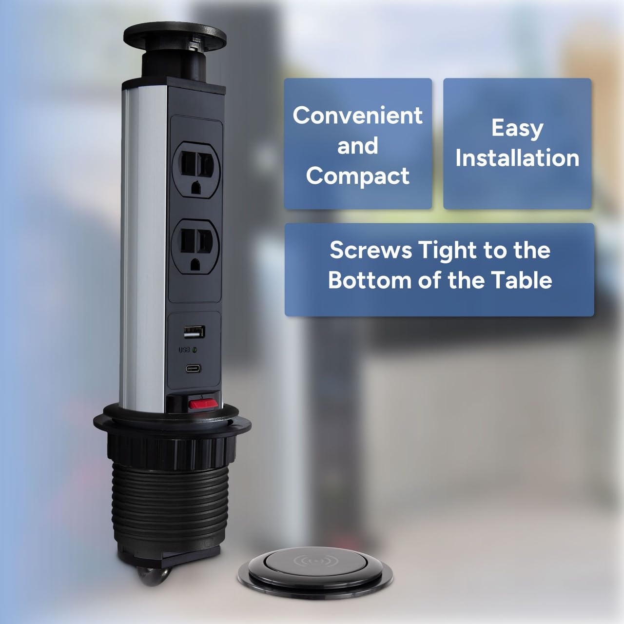 RecPro Pop Up Outlet Charger w/Wireless Phone Charger, USB 15 Amp