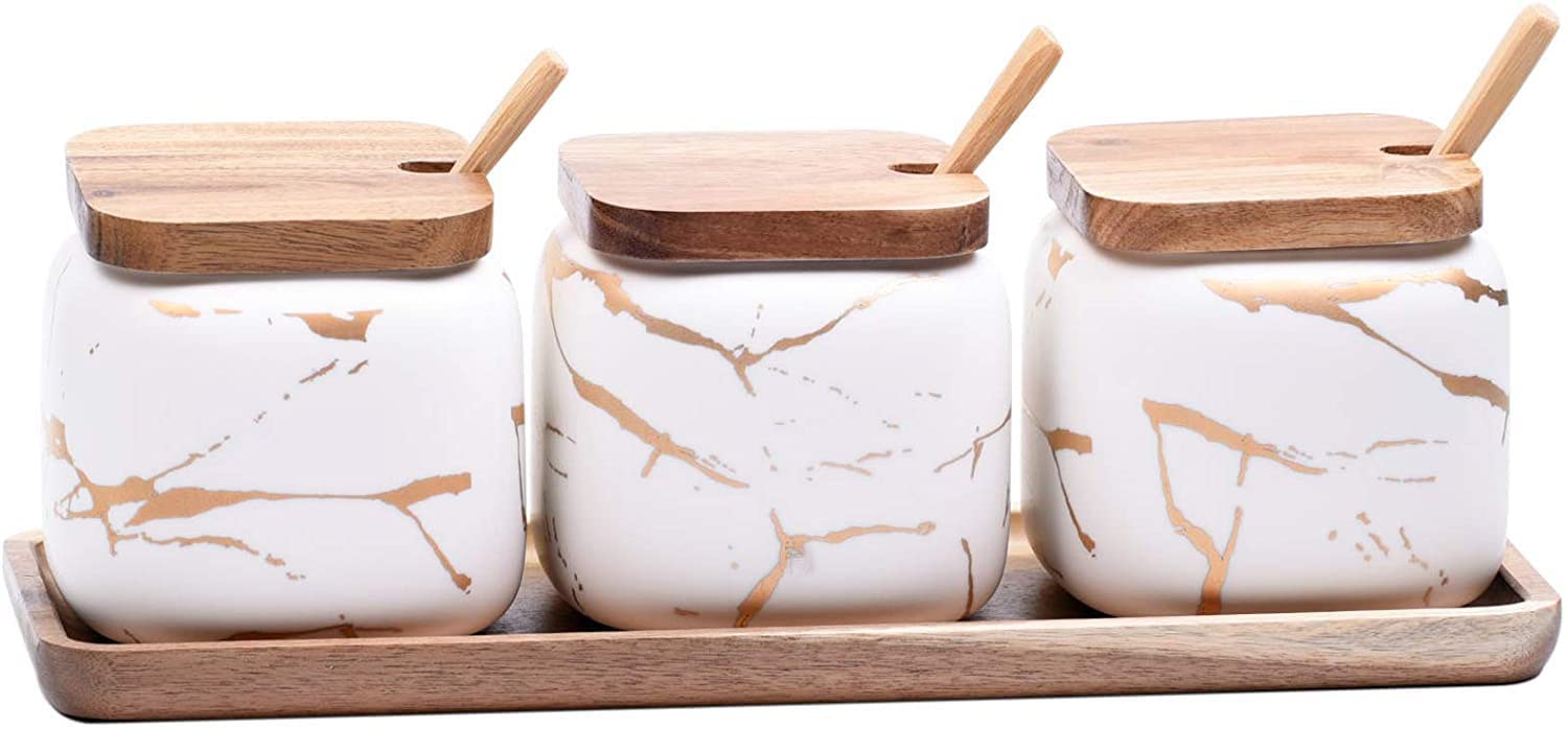 LPY Lot de 3 Pots à épices en céramique, Pot à épices de Cuisine en marbre Mat, Pot en céramique avec Couvercle, cuillère et Plateau, Parfait pour la Cuisine-White