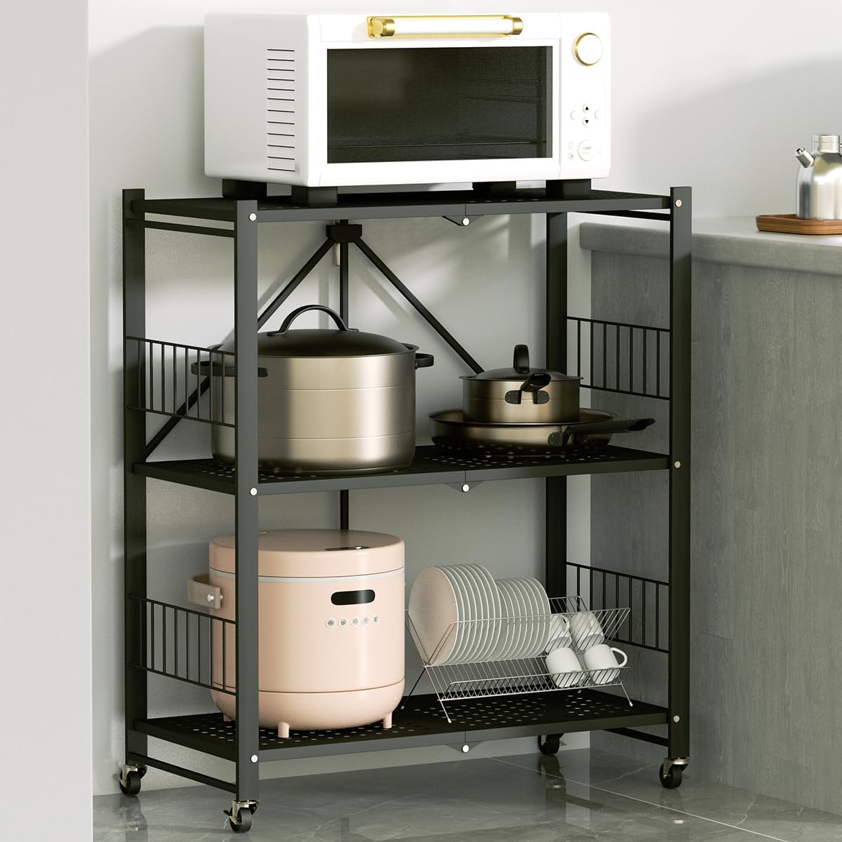 MOLYHOM Folding Storage Shelves, 3Tier Metal Shelves with