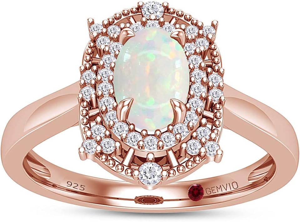 6X4MM Oval Cut Natural White Opal Gemstone & Diamond Double Halo Solitaire Ring In 14K Gold Over Sterling Silver Engagement Ring For Women(0.50 Cttw) Valentine's Day Gift For Her