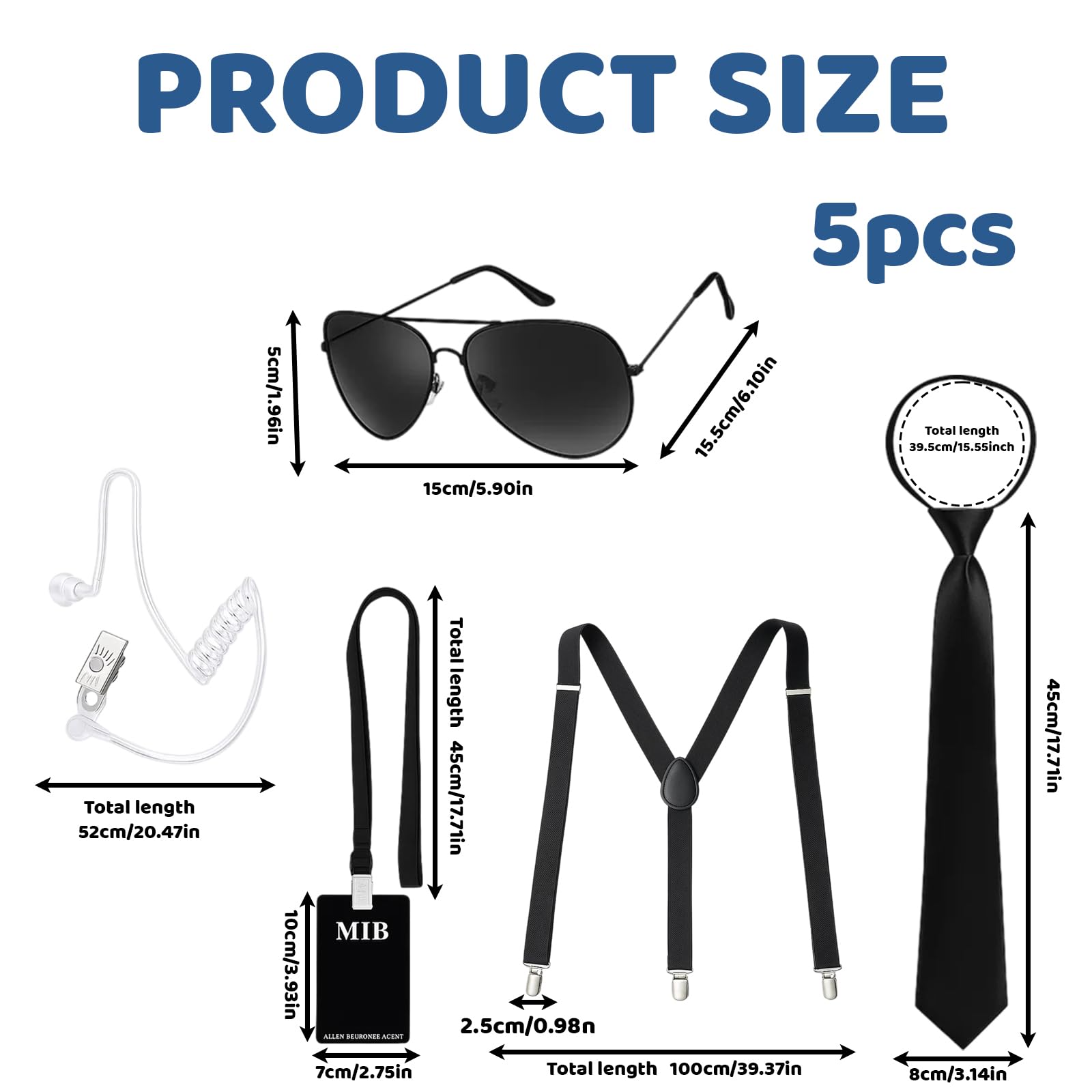YTPAFK Men in Black Costume Accessories, 5-Piece Spy Kit for Role Play Includes Tie, Badge, Earpiece, Suspenders - Image 2