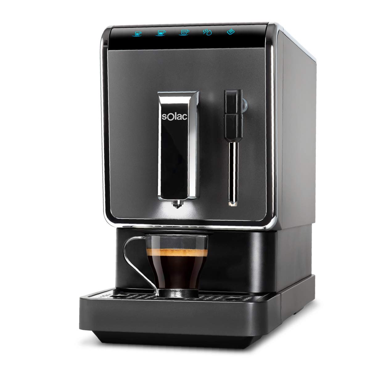 Solac - Cafetera Súper Automática | Thermoblock | 19 bar | 1470W | Diseño compacto 18cm | Café en 40s | Espuma y Calienta leche | Auto limpieza | Café espresso, suave y favoritos personalizables