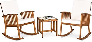 Tangkula 3 Pieces Acacia Wood Rocking Bistro Set, Outdoor Furniture Front Porch Rocker Chairs Conversation Set with Coffee Table and Cushions for Lawn, Balcony, Backyard