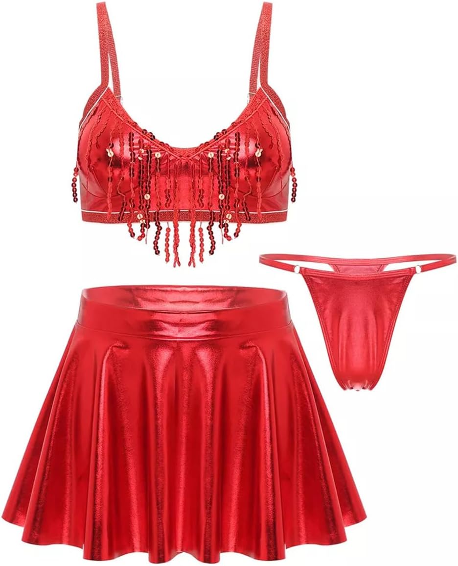 SNOMYRS Women Metallic Top And Skirt Sequin Fringe Cosplay Lingerie Y2K Rave Outfits Festival Club Music Costume