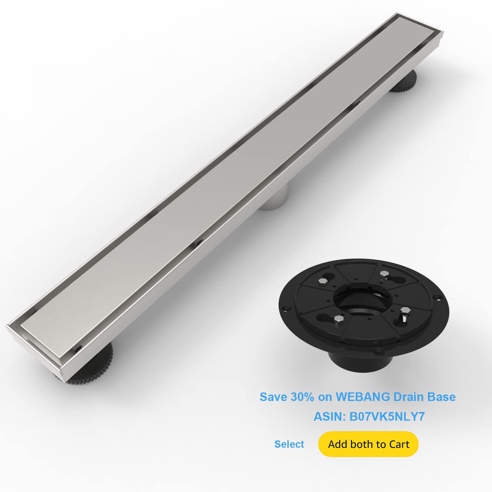 WEBANG 60 Inch Shower Linear Brushed Drain Rectangular Floor Drain with Accessories Reversible 2-in-1 Cover Tile Insert Grate Removable SUS304 Stainless Steel CUPC Certified Brushed