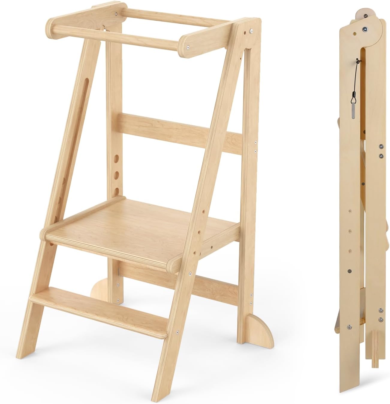 Cowiewie Foldable Toddler Tower, 4 Heights Wooden Standing Tower, Lock and Fold Safety, Space-Saving Fold, 18M-6Y