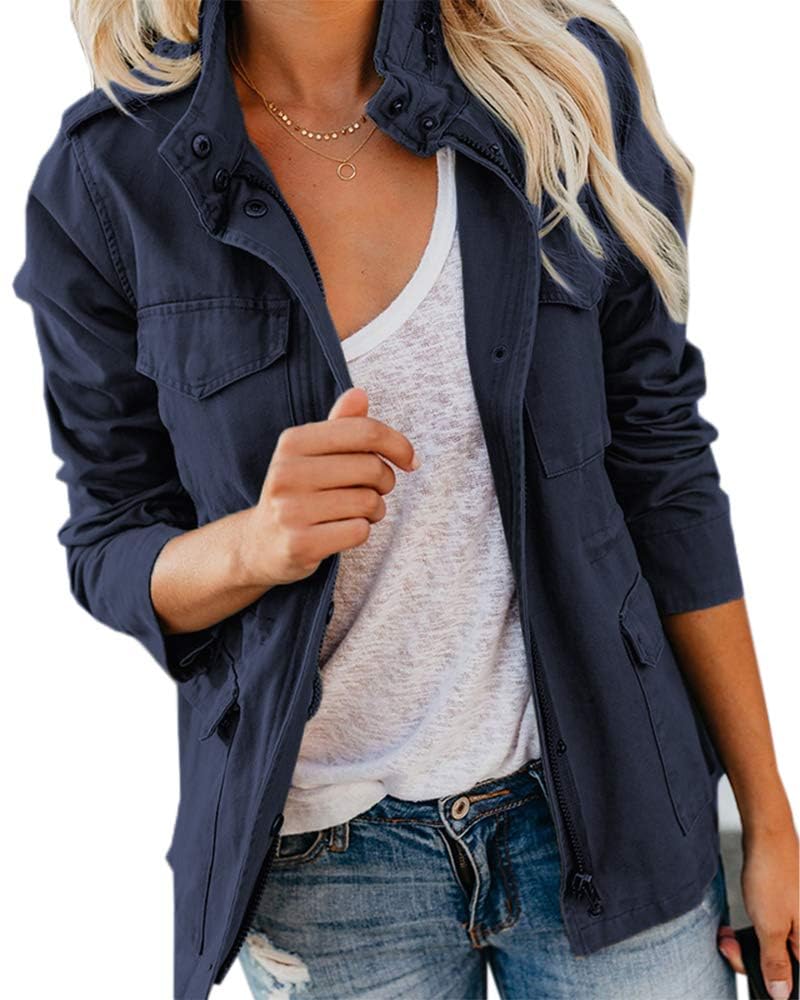 Imily Bela Übergangsjacke Damen Leichte sommerjacke Herbst Stehkragen Jacket Boyfriend Parka Sommerjacke Elegant leichte Jacke Kurzmantel(Marineblau，L)