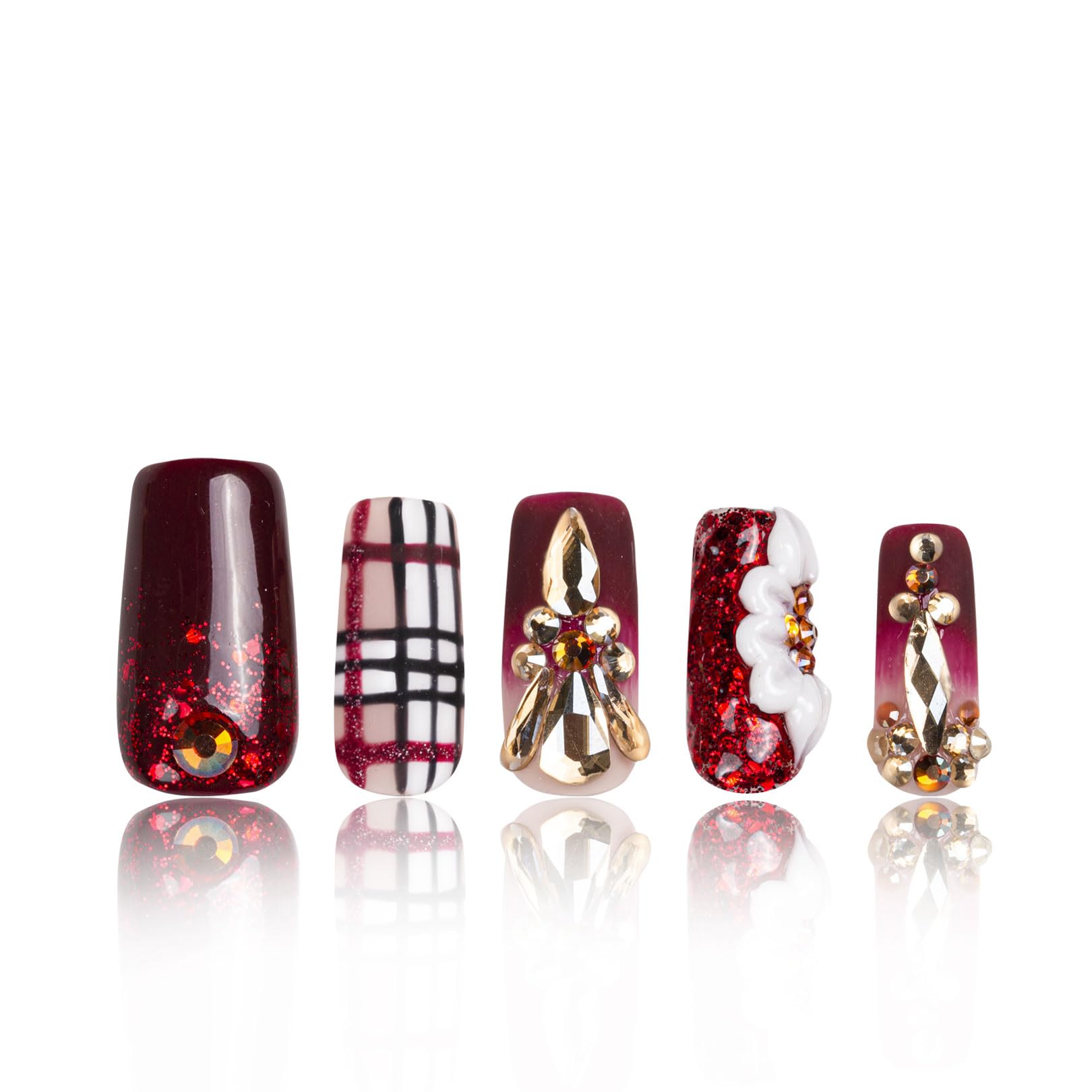 LOVFUL Press on Nails Crimson Charm| Handmade with Full Covered Crystals | Reusable Fake Nails | Square Regular 1.0 in | H345M