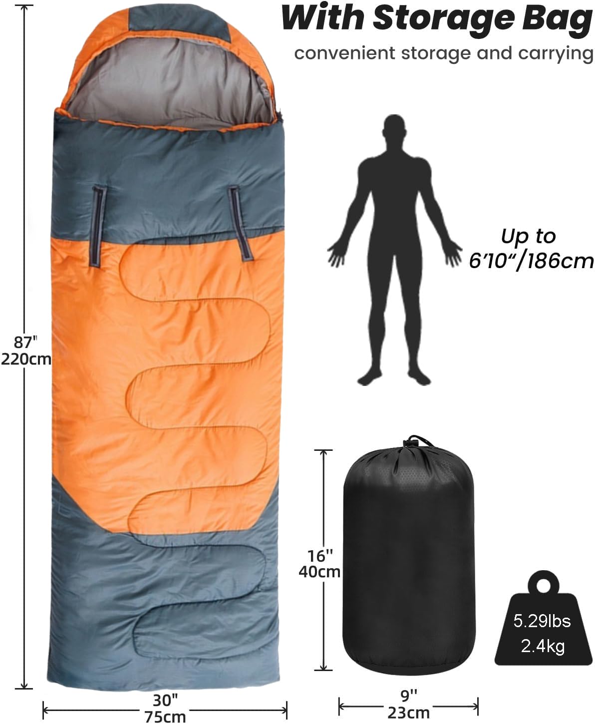 Sac de couchage 4 saisons pour adultes et enfants pour le camping, la randonnée, les voyages par temps chaud, froid et léger, imperméable avec sac de compression, activités intérieures et extérieures