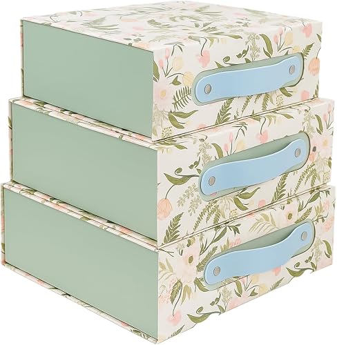 Pack of 3 Flower Forest Pattern Gift Boxes with Handle – Foldable Storage Boxes Jewellery Box for Gifts, Clothes, Stationery, and Home Organization