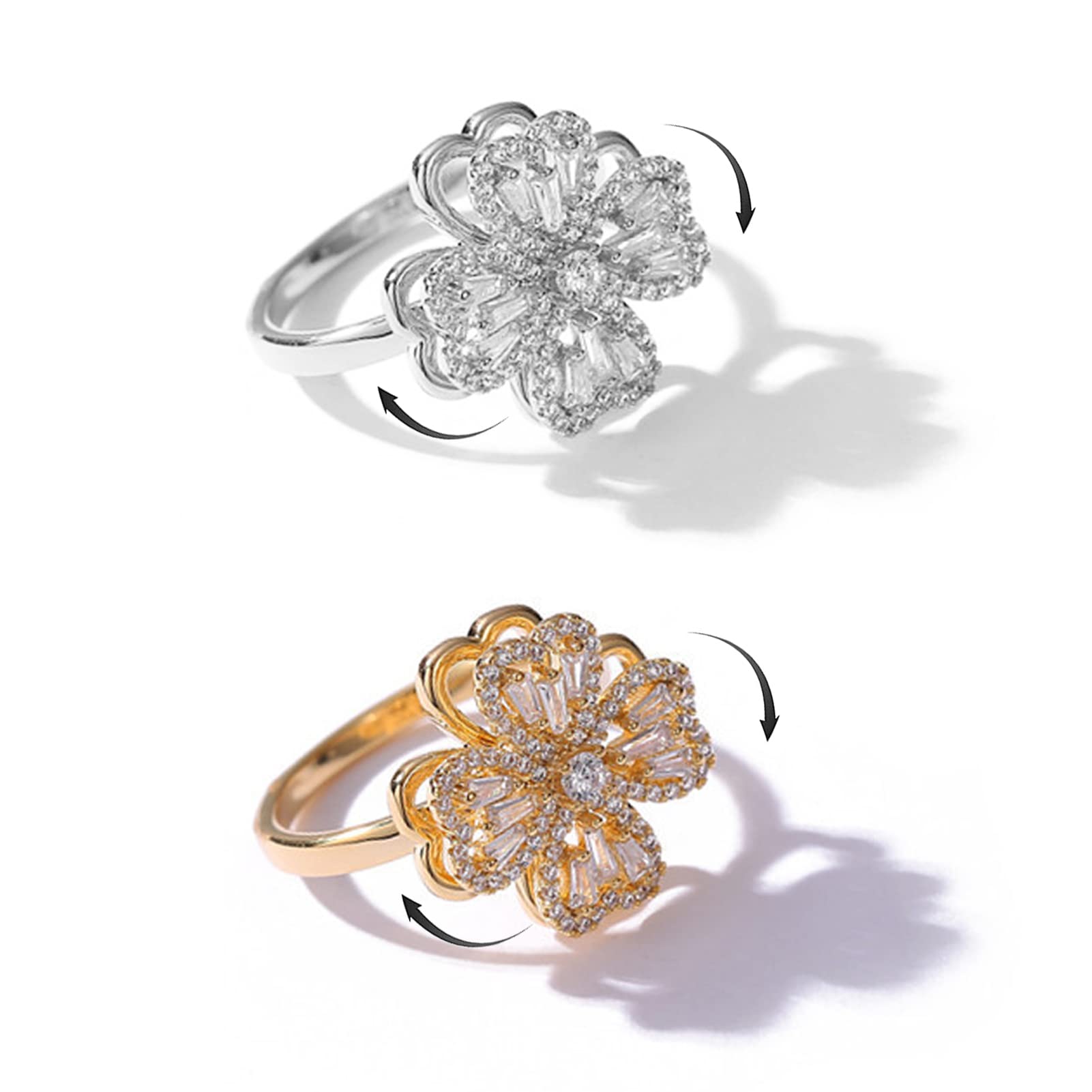 Fidget Spinner Rings for Anxiety Women, Rotatable Four-Leaf Clover Ring, Adjustable Lucky Open Band Ring Gift for Women Girlfriend Her