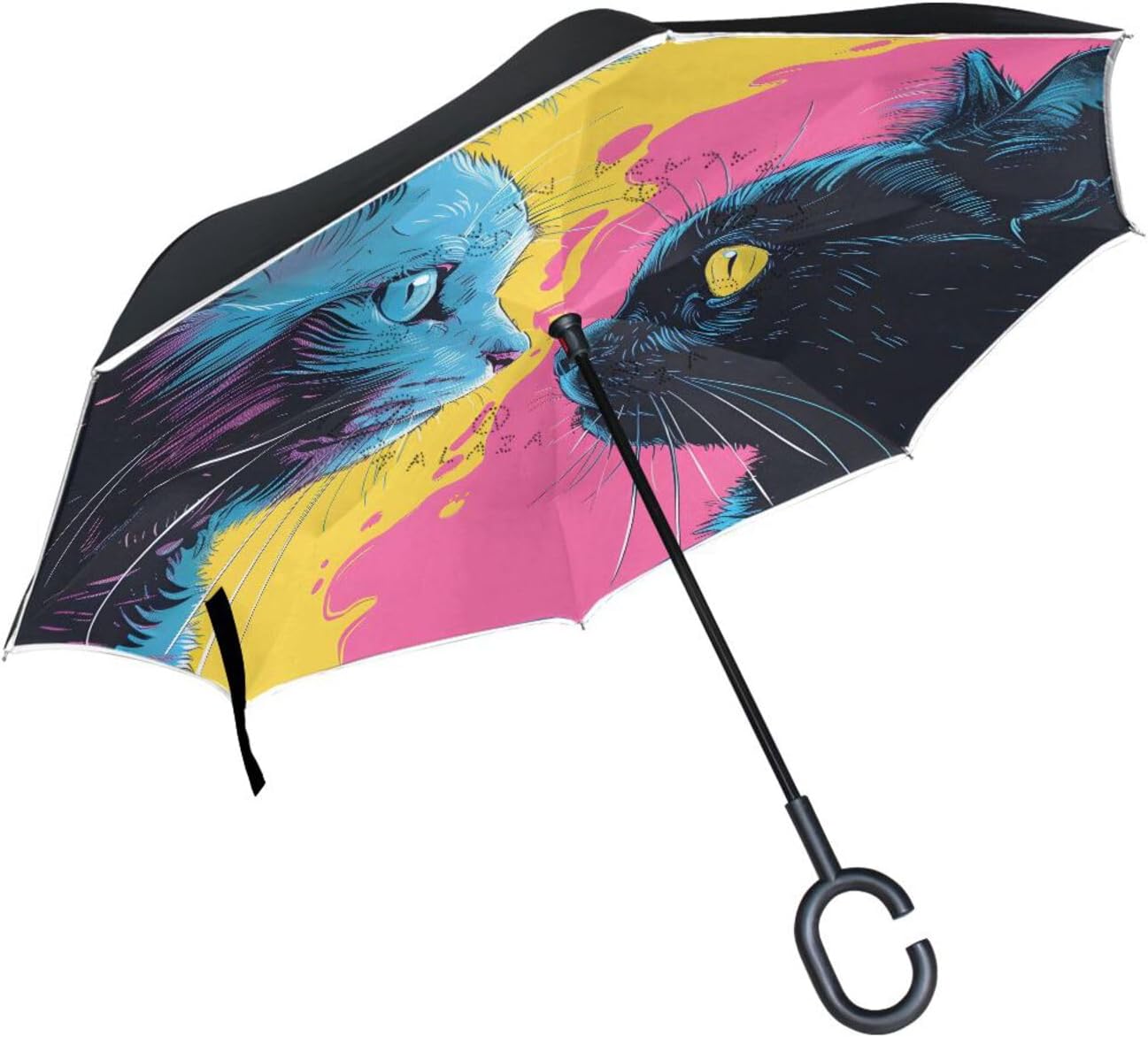 Two Cat Faces Inverted Umbrellas for Rain Windproof Reverse Upside Down Golf Umbrella with C-shape Handle for Men Women