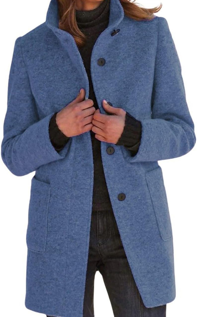 CHARTOU Women Winter Long Pea Coat Wool Blend Stand Collar Single Breast Thicken Blazer Jacket