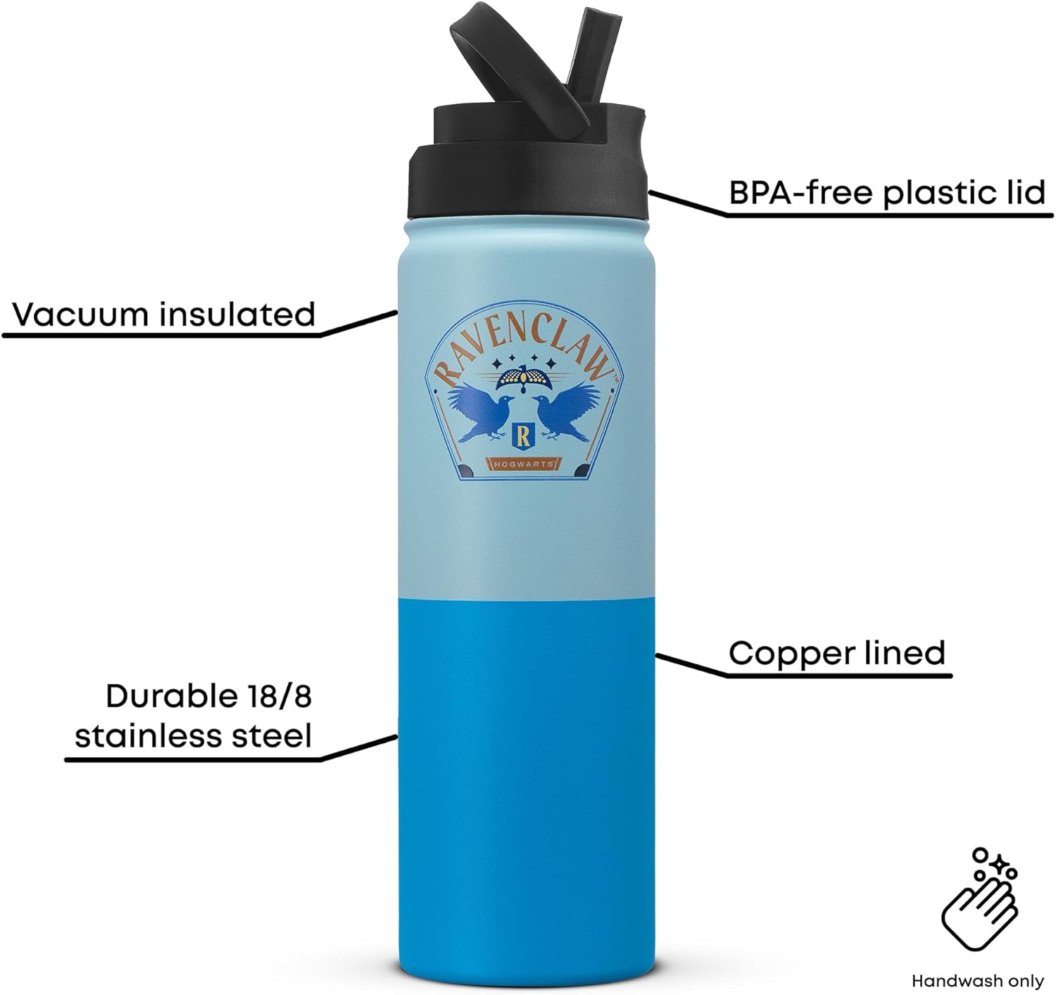 JoyJolt Harry Potter Ravenclaw Stainless Steel Water Bottle with Flip Straw Lid, 22 oz Vacuum Insulated Water Bottle, Blue Reusable BPA-Free Travel Tumbler, Harry Potter Gifts for Women Men Him Her